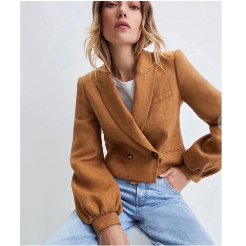 Veronica Beard Cropped Camel Brown Blazer with Balloon Sleeves